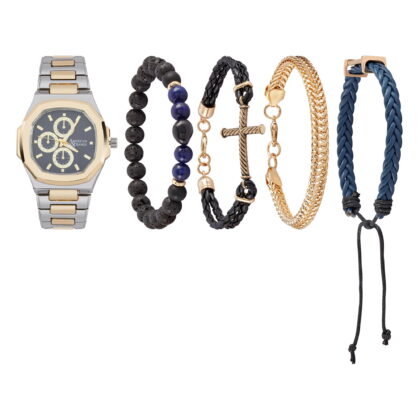 American Exchange Men's Metal Analog Watch and 4 Piece Bracelet Set, Navy/Two Tone