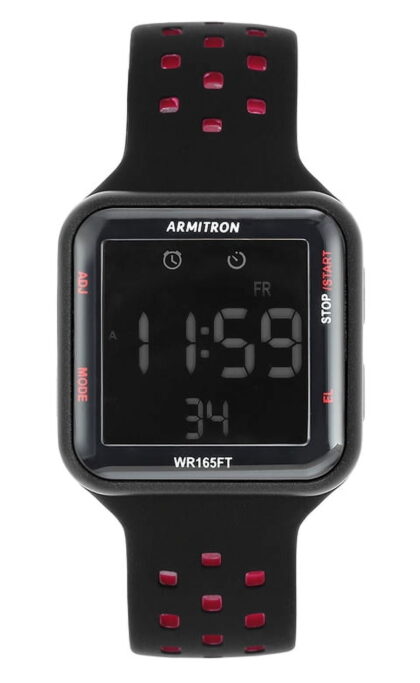 Armitron Unisex Adult Sport Black Red Square Wristwatch with Silicone Band