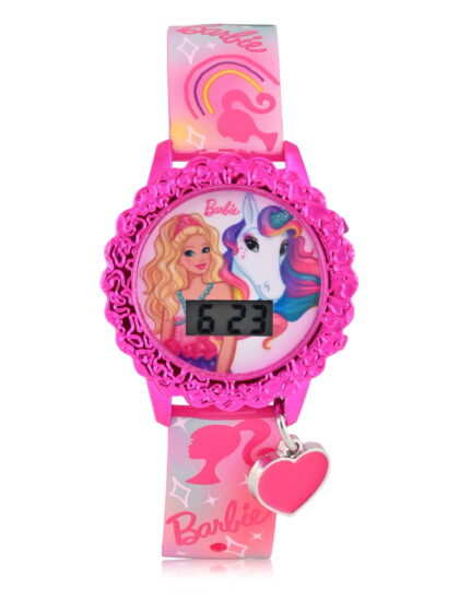 Barbie Kids Flashing Lights LCD Watch with Printed Strap and Heart Shaped Hanging Charm (BDT4156WM)