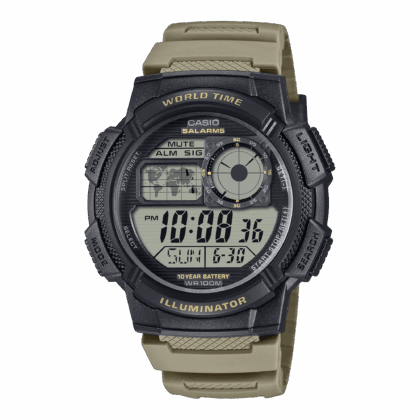 Casio Mens Digital Round Wristwatch Lc Analog 10-Yr Battery 100M Wr Led Light Stopwatch Sand Tan