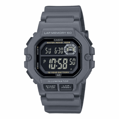 Casio Mens Digital Wristwatch 10-Yr Battery 100M Wr Led Backlight Stopwatch Gray