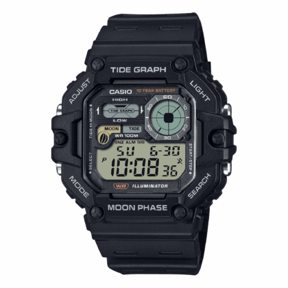 Casio Mens Digital Wristwatch Tide/Moon Graph Display Fishing Timer 10-Yr Battery 100M Wr Led Backlight Stopwatch Risin Black