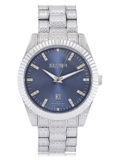 Elgin Adult Men's Silver and Crsytal Round Case Watch with Blue Dial. (FG180038)