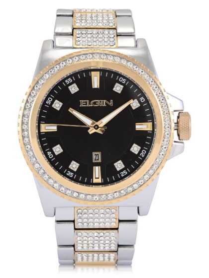 Elgin Adult Men's Silver and Crystal Round Case Watch with Gold Bezel . (FG180037)
