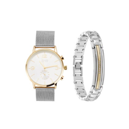 Jones New York Men's Analog Silver Tone Metal Watch and Bracelet Set 42mm