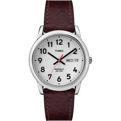 Timex Men's Easy Reader 35mm Day-Date Watch – Silver-Tone Case White Dial with Dark Brown Leather Strap