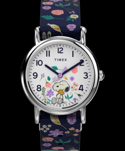 Timex x Peanuts Women's Weekender 31mm Watch – Snoopy Silver-Tone Case White Dial with Blue Floral Fabric Slip-Thru Strap