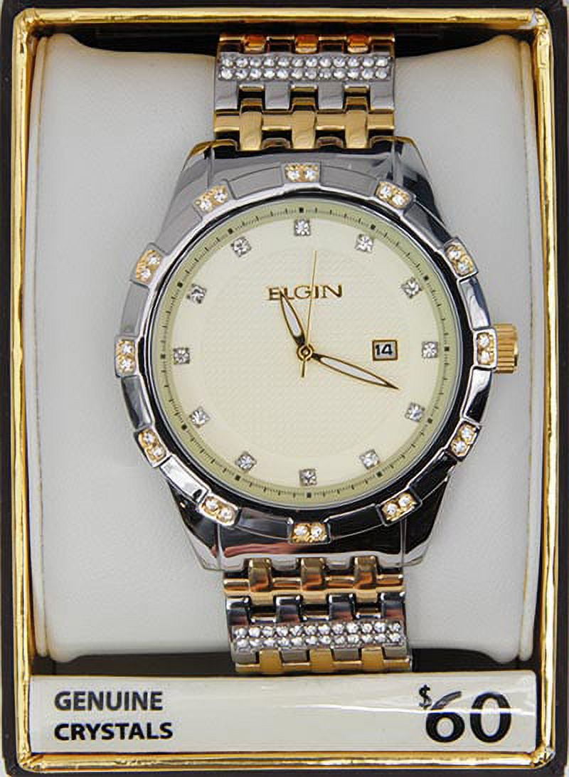 Elgin Two-Tone Stainless Steel Crystal Accented Champagne Dial Bracelet Wristwatch, Men's (FG9100) - Image 2