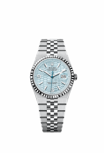 Unworn 2025, Rolex Land-Dweller 36, Platinum, Ice blue dial, Fluted Flat Jubilee, Ref# 127236-0001, box and papers 1:1